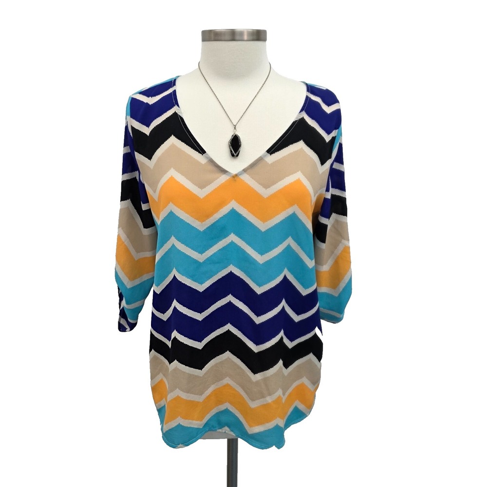 Hello Miss Womens L Chevron Print Blouse Multicolor 3/4 Sleeve V-Neck Top